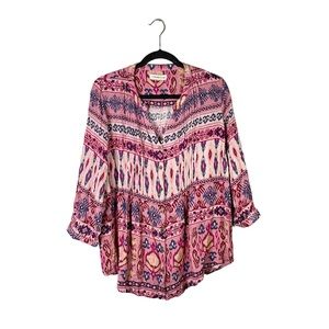 Coldwater Creek Boho Patterned Lightweight Button Up V Neck Business Casual